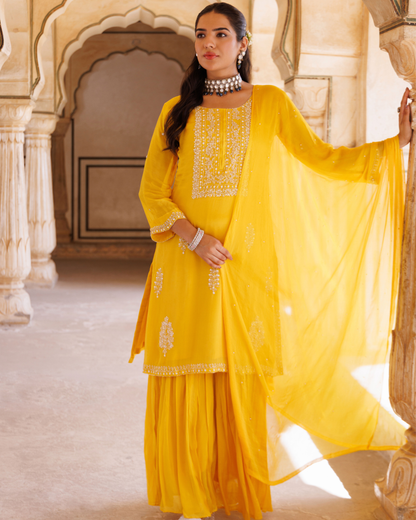 Yellow silk, hand-embroidered sharara set
