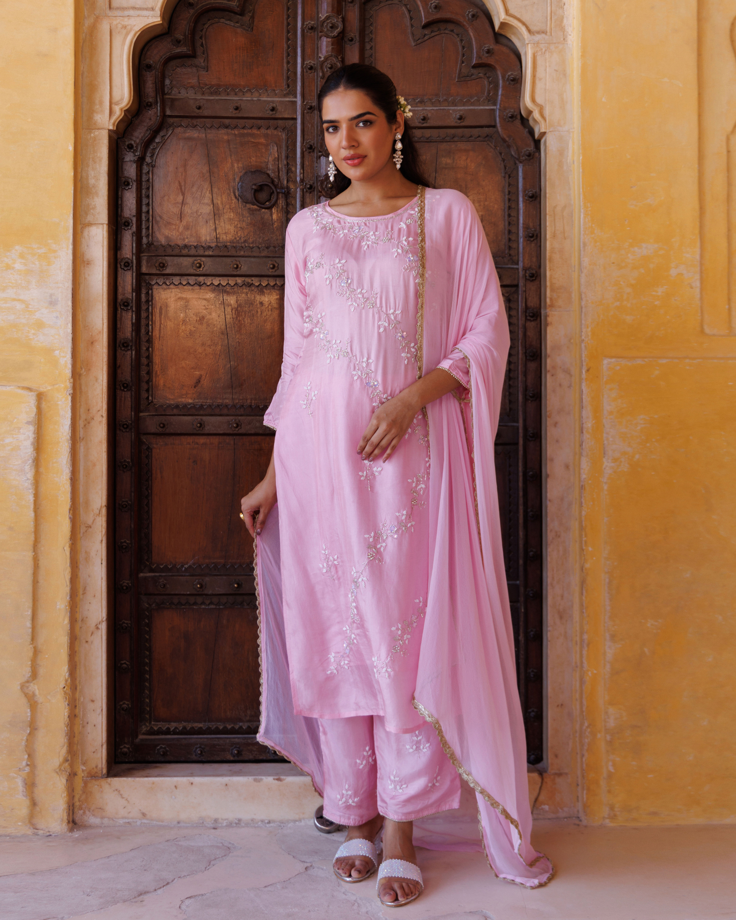 Pink silk, hand-embroidered Kurta Set