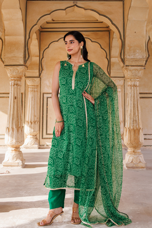 Green Georgette Bandhni Printed Kurta Set