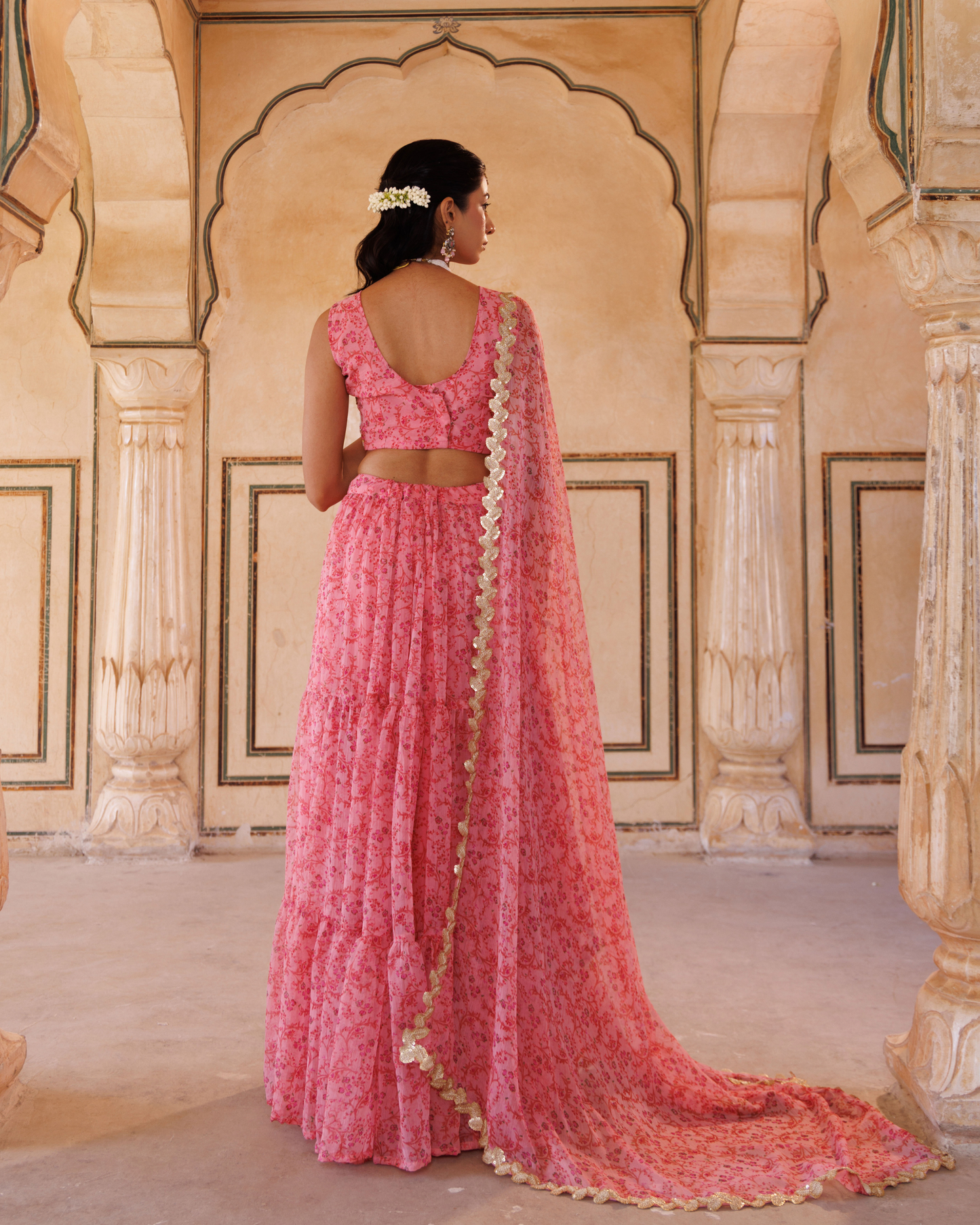 Pink Printed Chiffon Lehenga Set