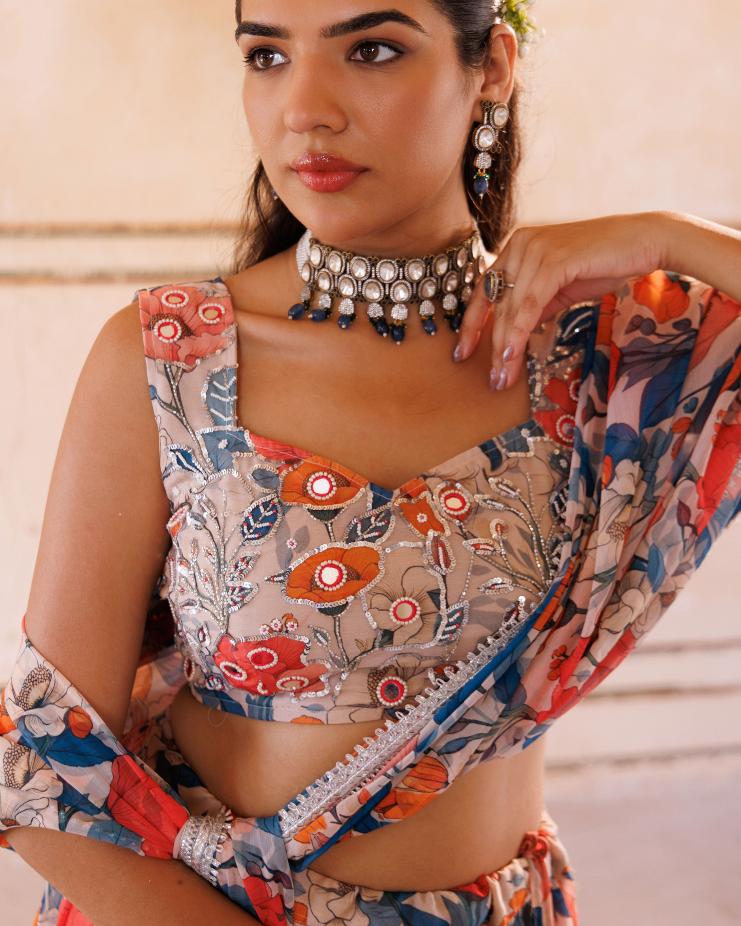 Beige georgette, blue & orange floral printed lehenga set