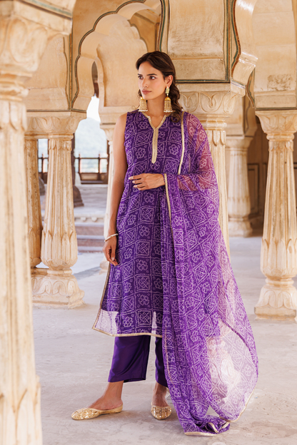 Purple Georgette Bandhni Kurta Set