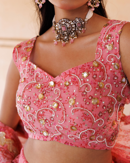 Pink Printed Chiffon Lehenga Set