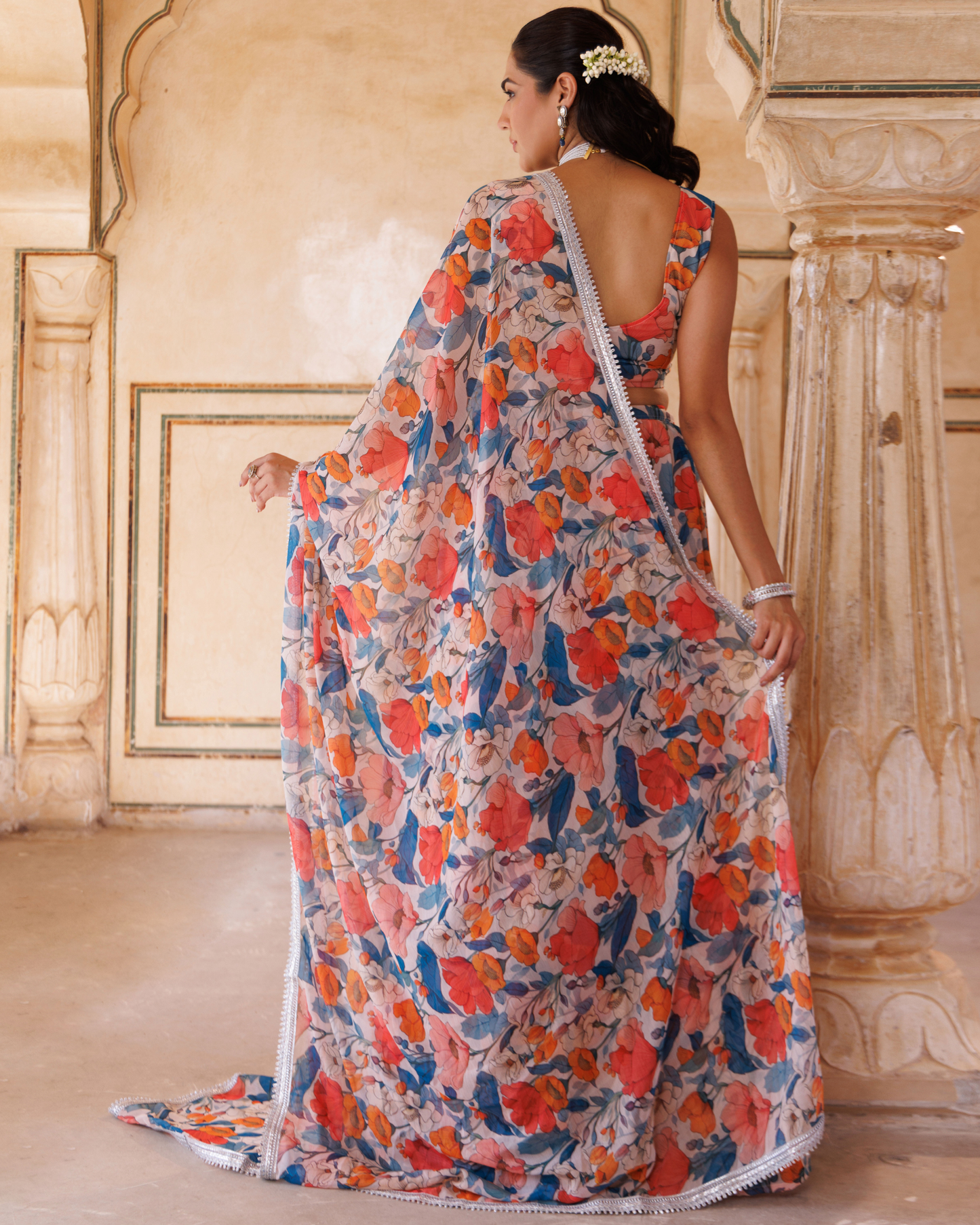 Beige georgette, blue & orange floral printed lehenga set