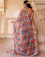 Beige georgette, blue & orange floral printed lehenga set