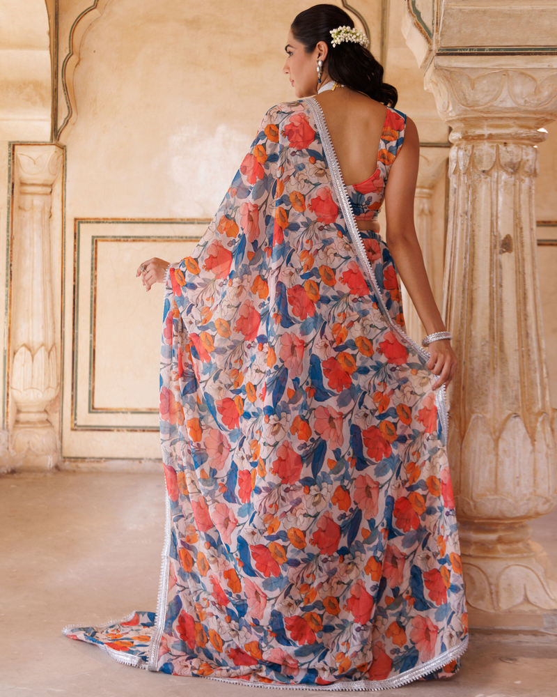 Beige georgette, blue & orange floral printed lehenga set