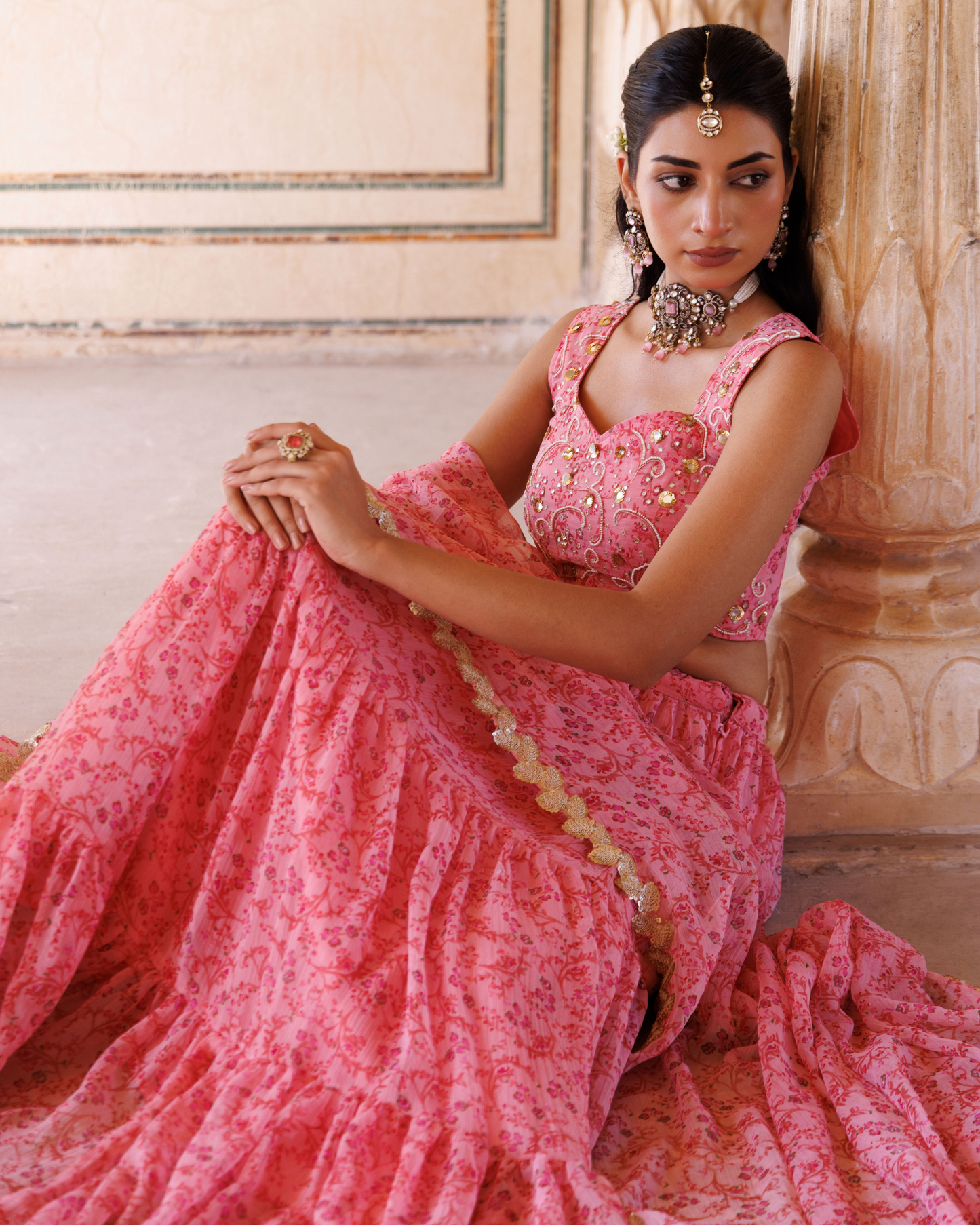 Pink Printed Chiffon Lehenga Set