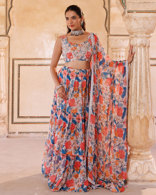 Beige georgette, blue & orange floral printed lehenga set