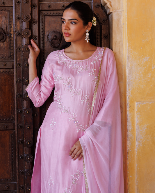 Pink silk, hand-embroidered Kurta Set