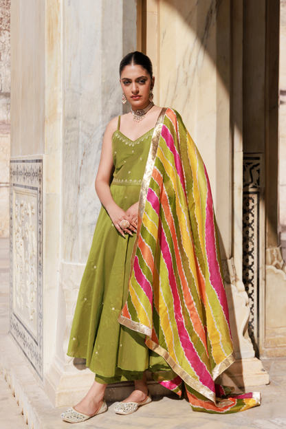Green Aari Embroidered Dupion Silk Strapy Anarkali Set