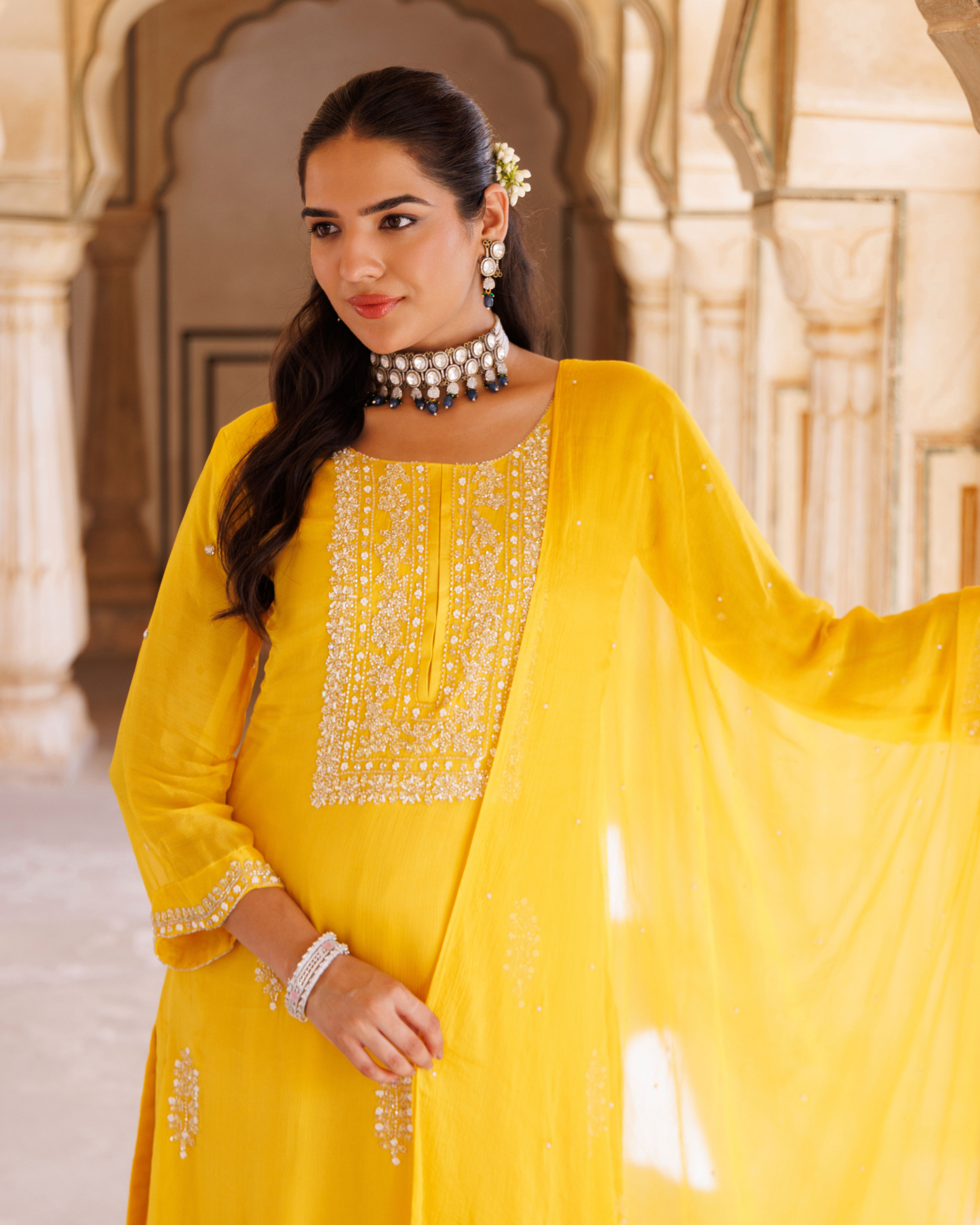 Yellow silk, hand-embroidered sharara set