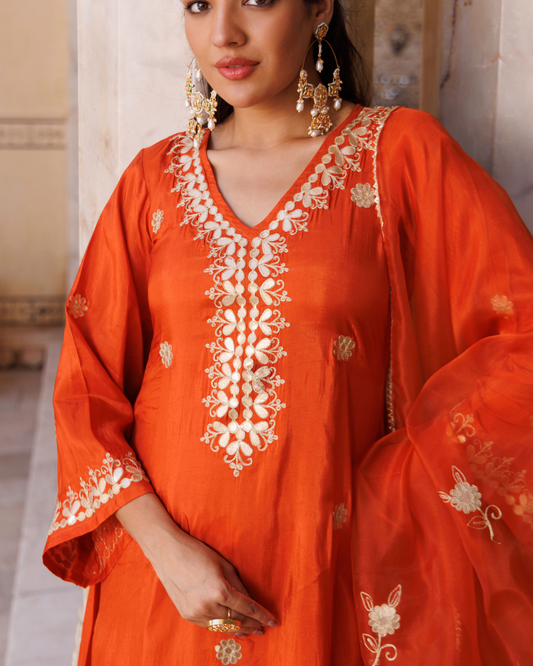 Rust-orange silk, gota patti work kurta set