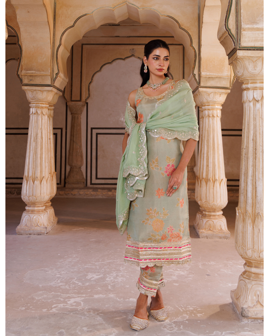 Green tissue kurta set