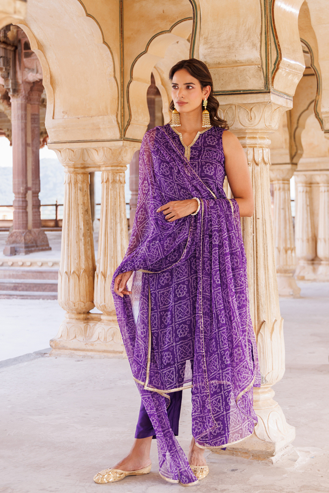 Purple Georgette Bandhni Kurta Set