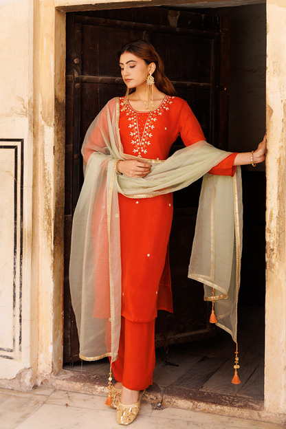 Rust-orange Hand Embroidered Kurta Set