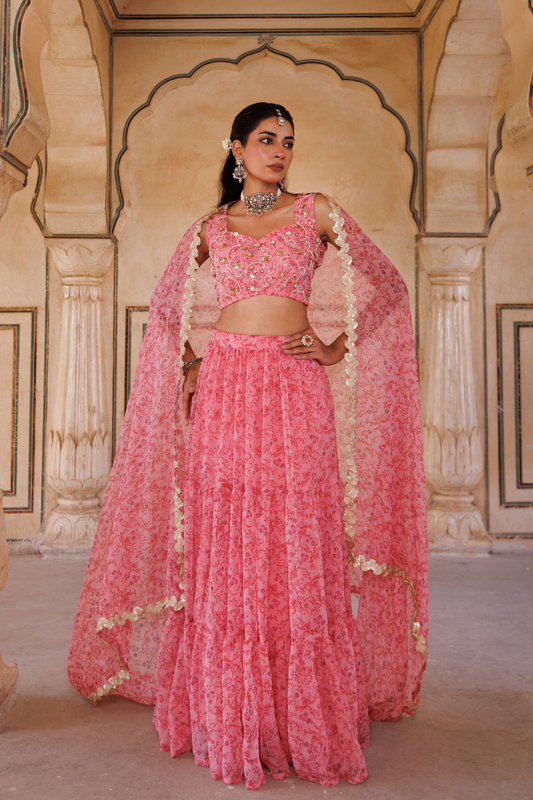 Pink Printed Chiffon Lehenga Set