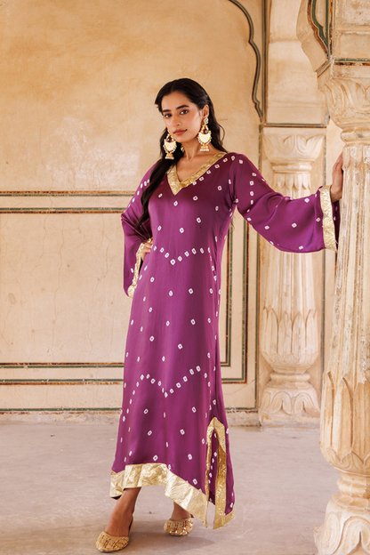Purple Hand-Tied Bandhani Kaftan