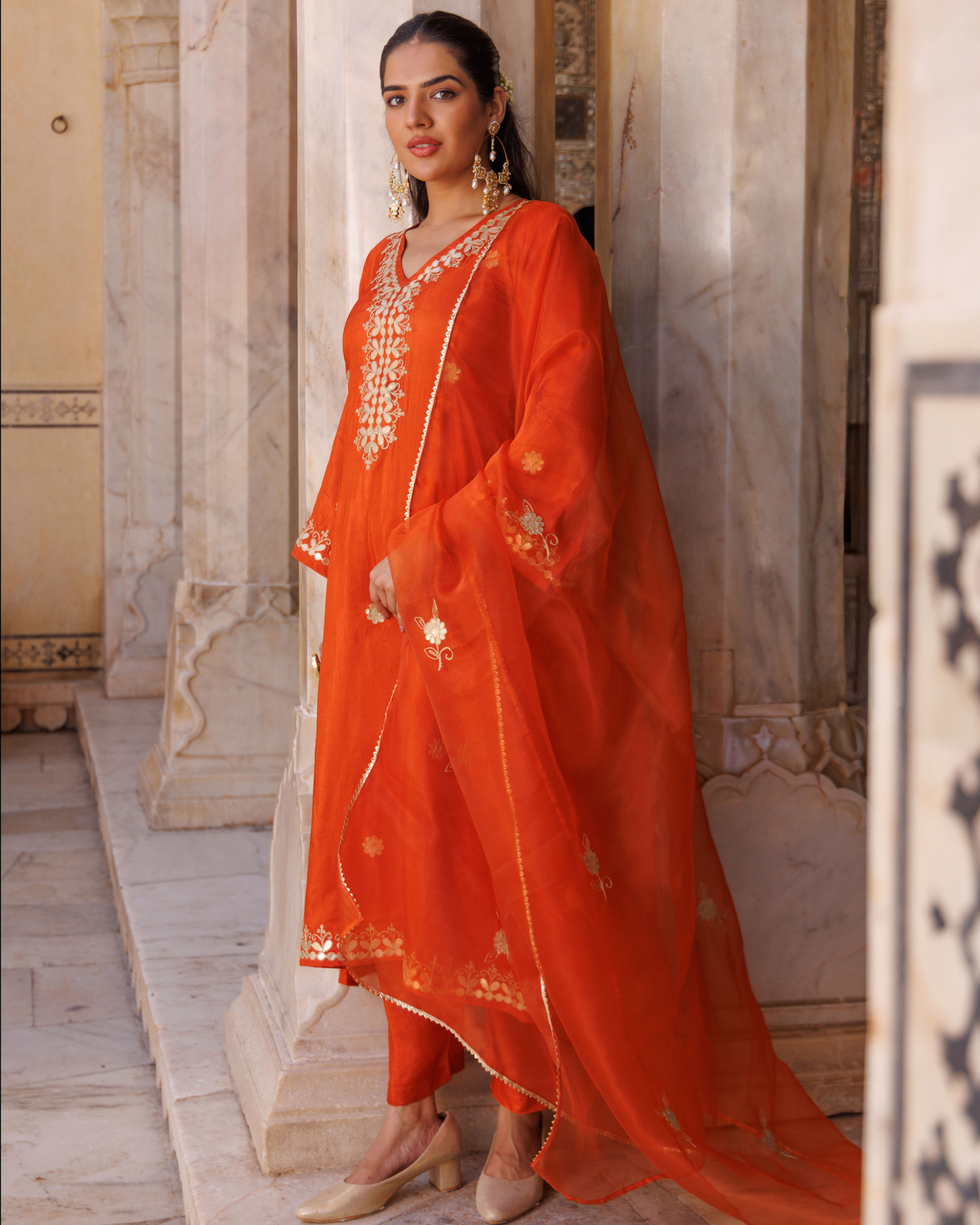 Rust-orange silk, gota patti work kurta set