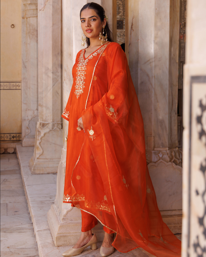 Rust-orange silk, gota patti work kurta set
