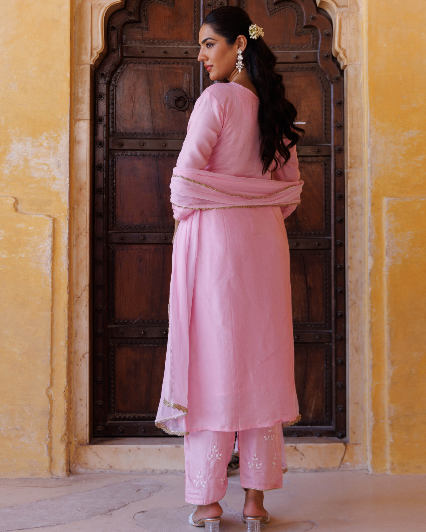 Pink silk, hand-embroidered Kurta Set