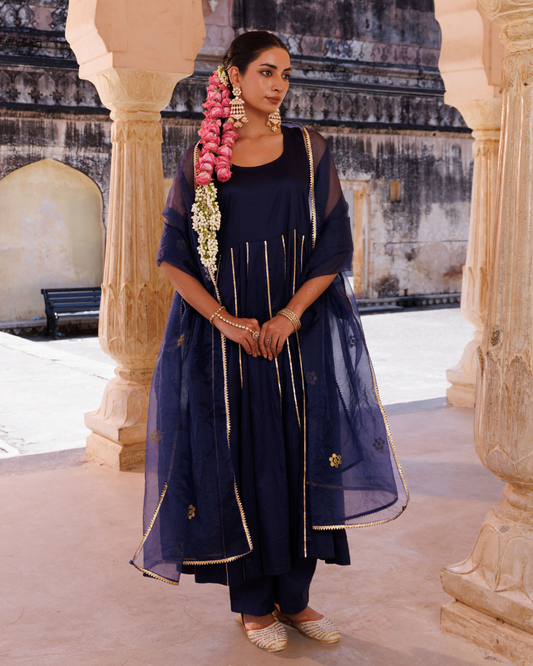 Navy blue cotton silk, gota patti work anrkali set