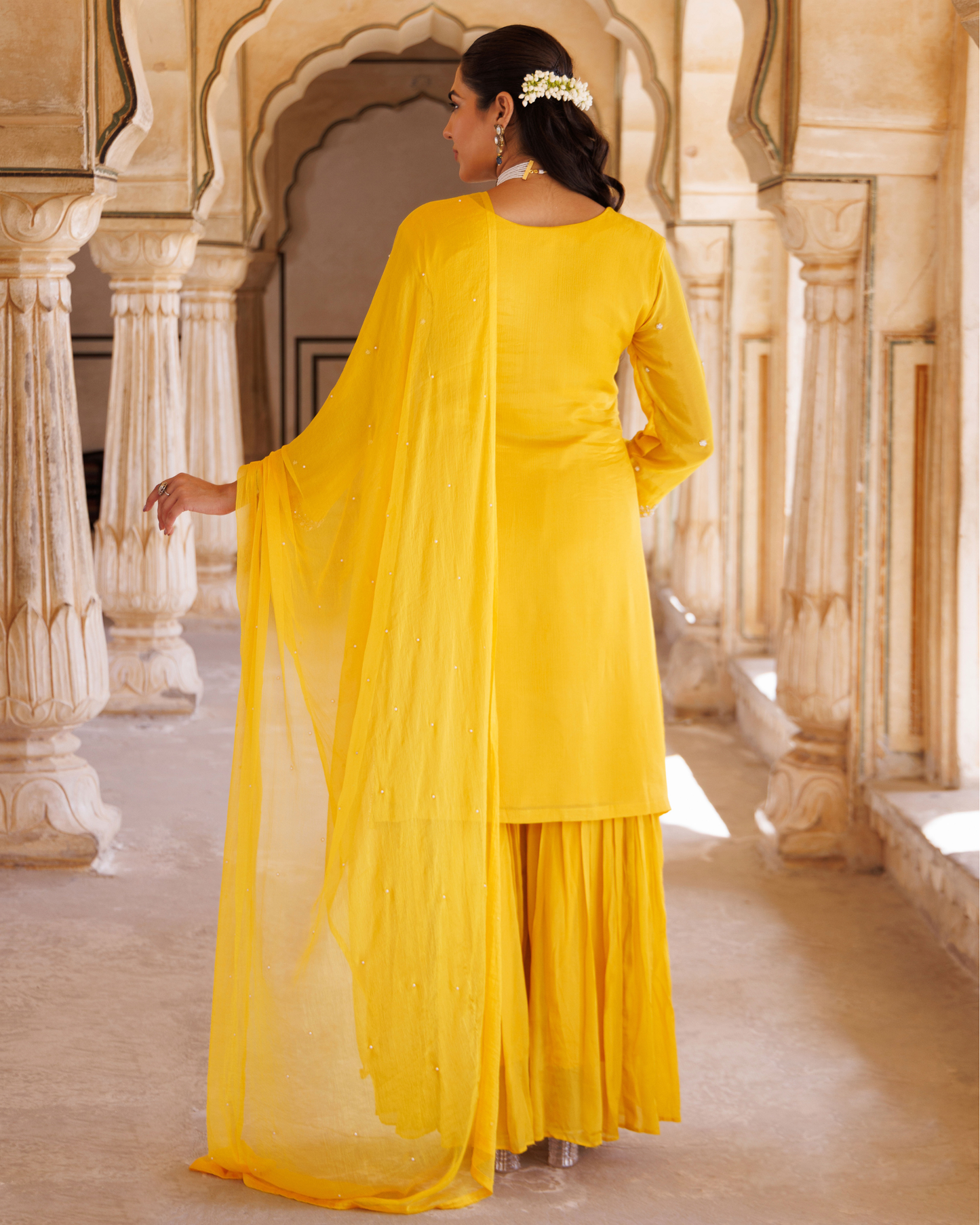 Yellow silk, hand-embroidered sharara set