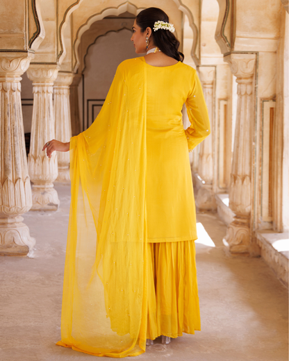 Yellow silk, hand-embroidered sharara set