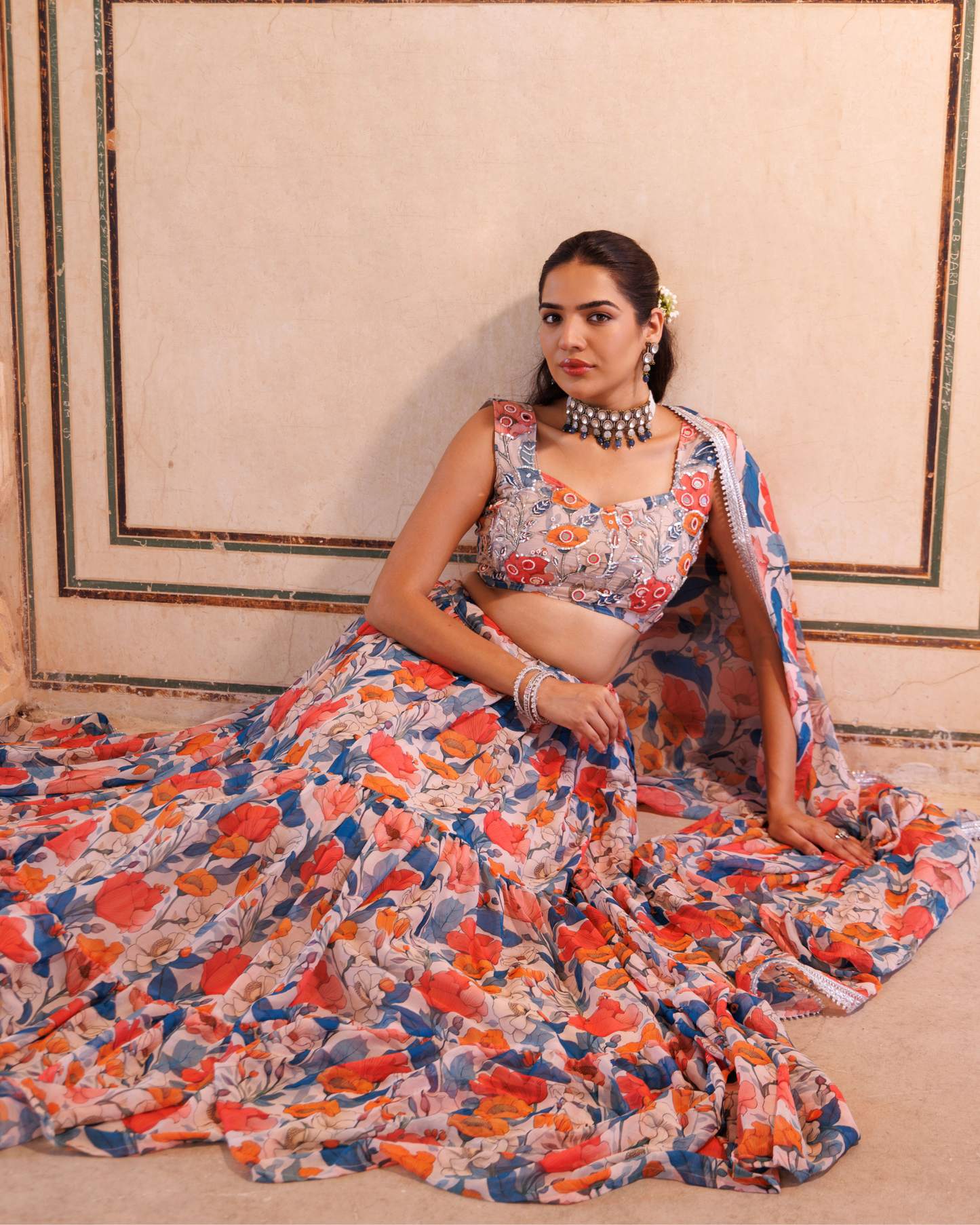 Beige georgette, blue & orange floral printed lehenga set