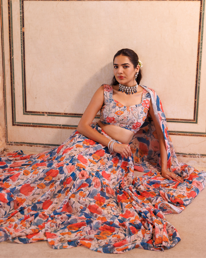 Beige georgette, blue & orange floral printed lehenga set