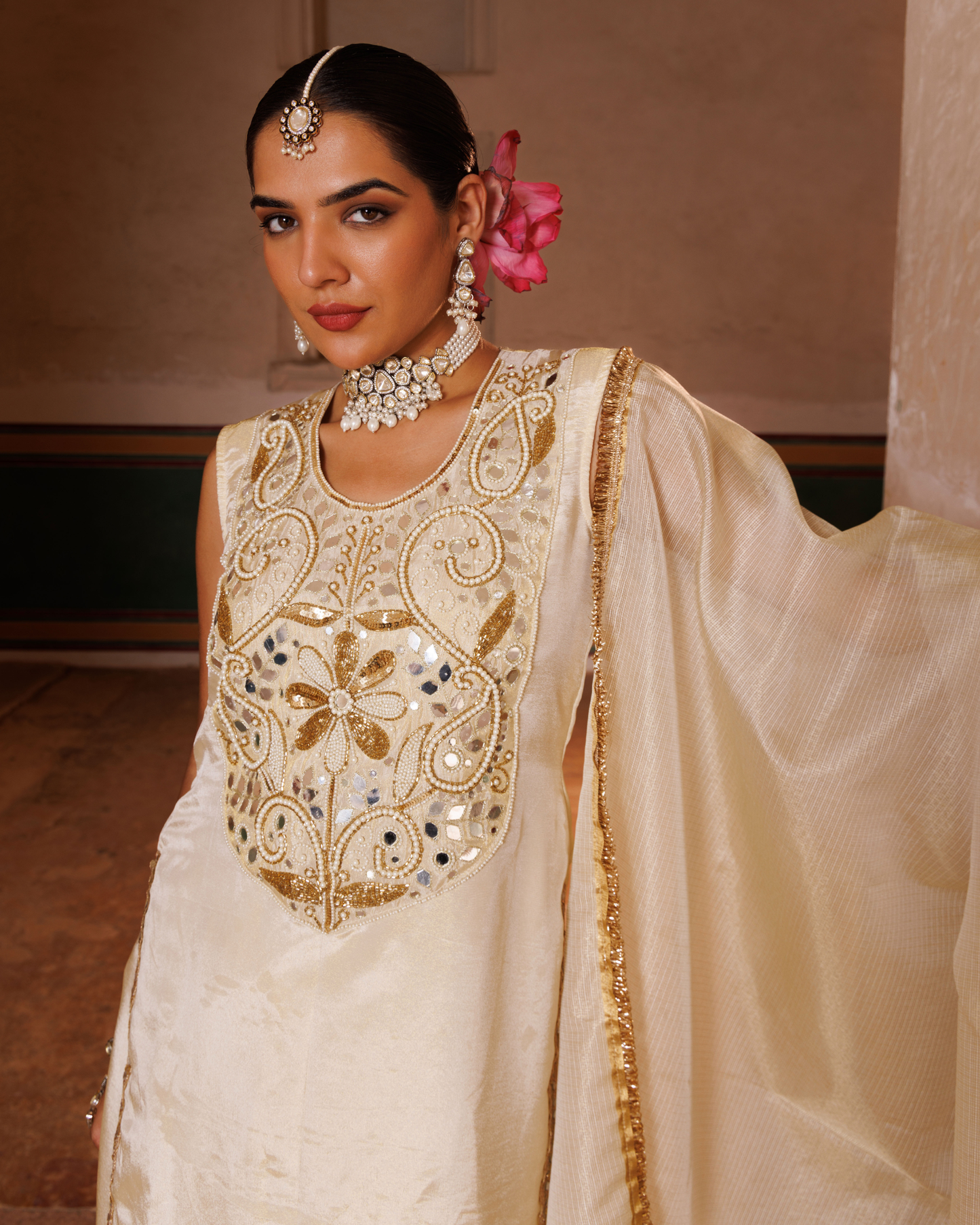 Ivory Tissue Georgette Handwork Embroidered Sharara Set