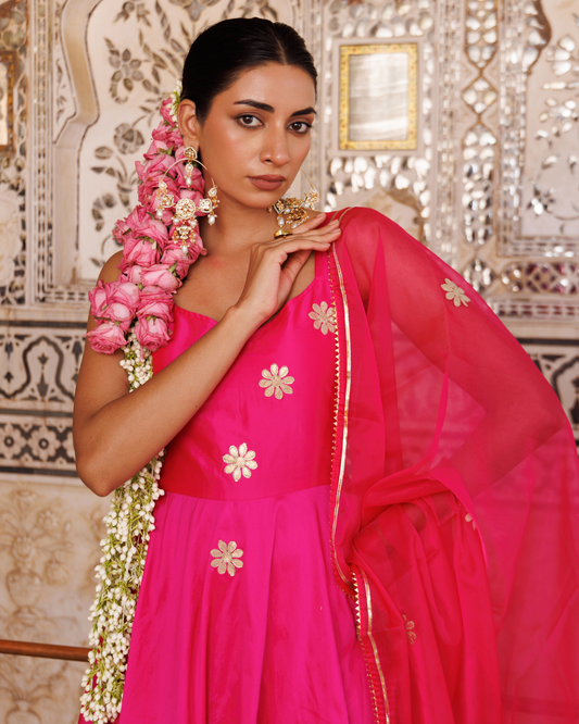 Hot pink taffeta silk, gota patti work anarkali set