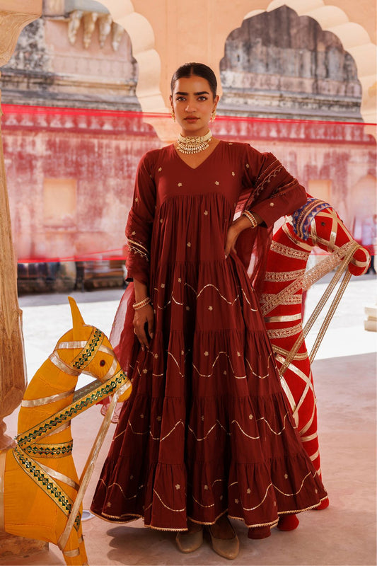 Maroon Tiered Anarkali With Aari Tari Embroidery