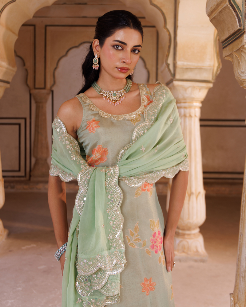 Green tissue kurta set