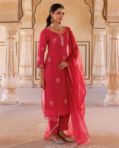 Deep pink silk, hand embroidered Kurta Set