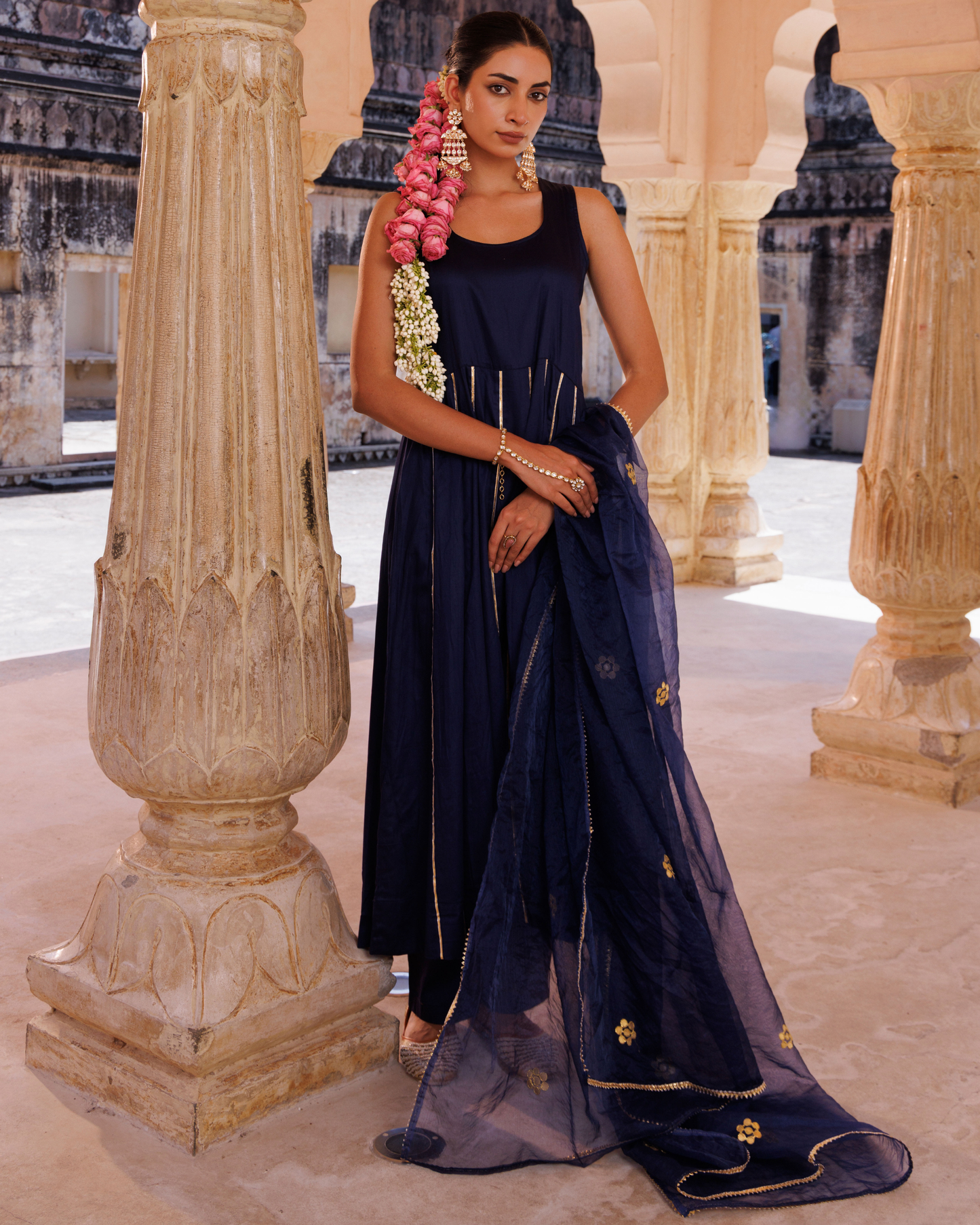 Navy blue cotton silk, gota patti work anrkali set