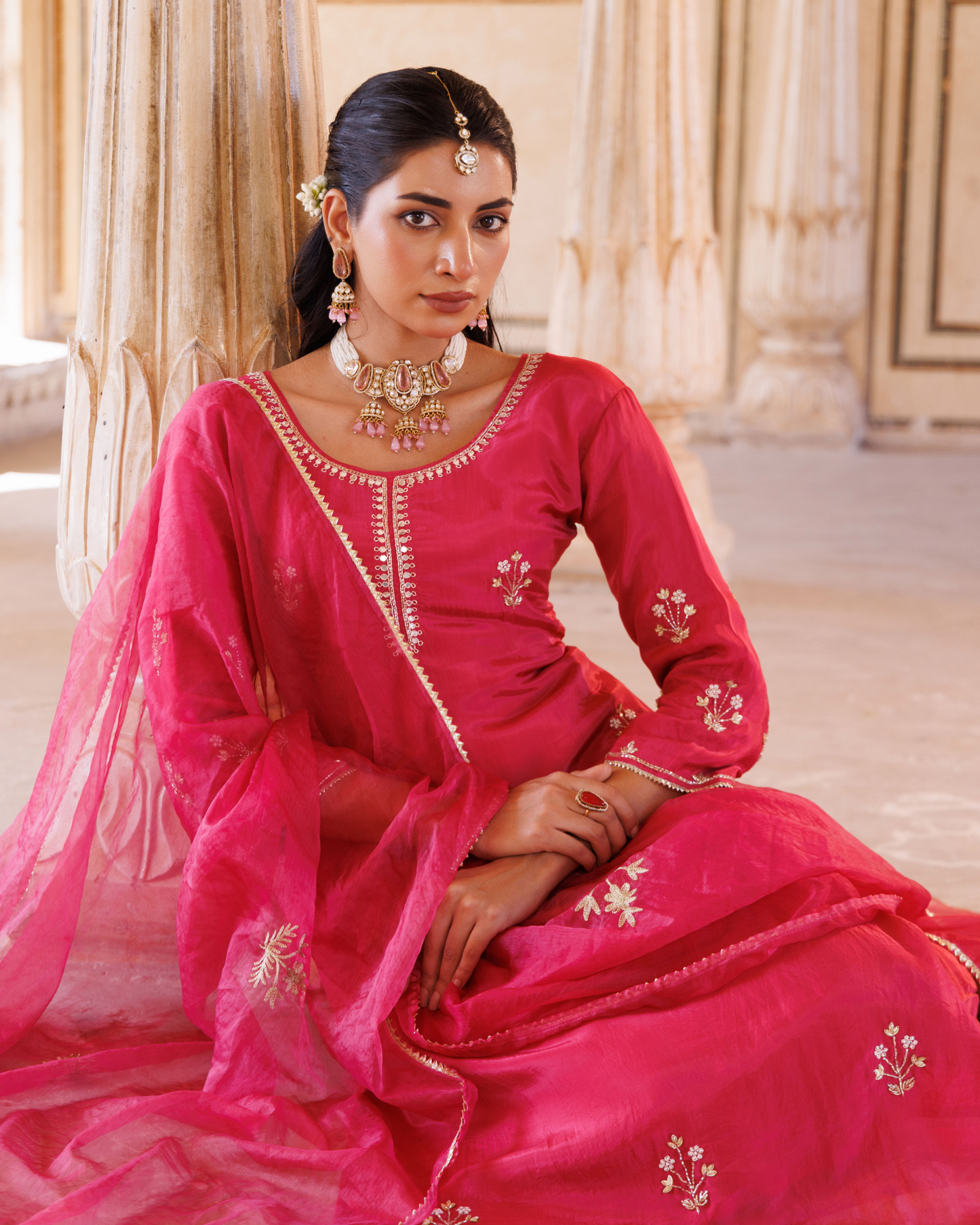 Deep pink silk, hand embroidered Kurta Set