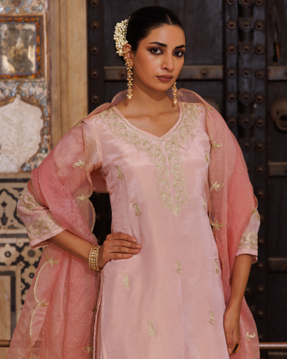 Pink tissue georgette, aari embroidered kurta set