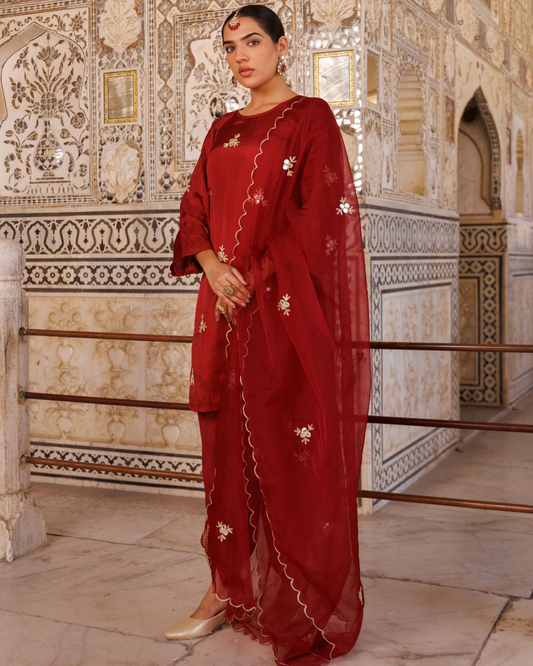 Maroon silk, gota patti work dhoti Set