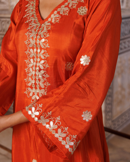 Rust-orange silk, gota patti work kurta set