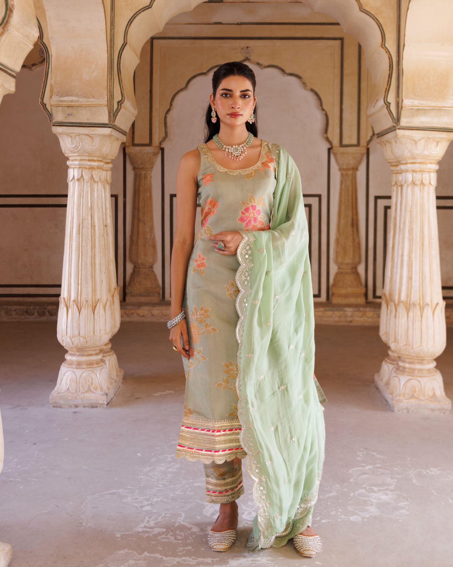 Green tissue kurta set