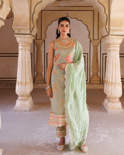 Green tissue kurta set