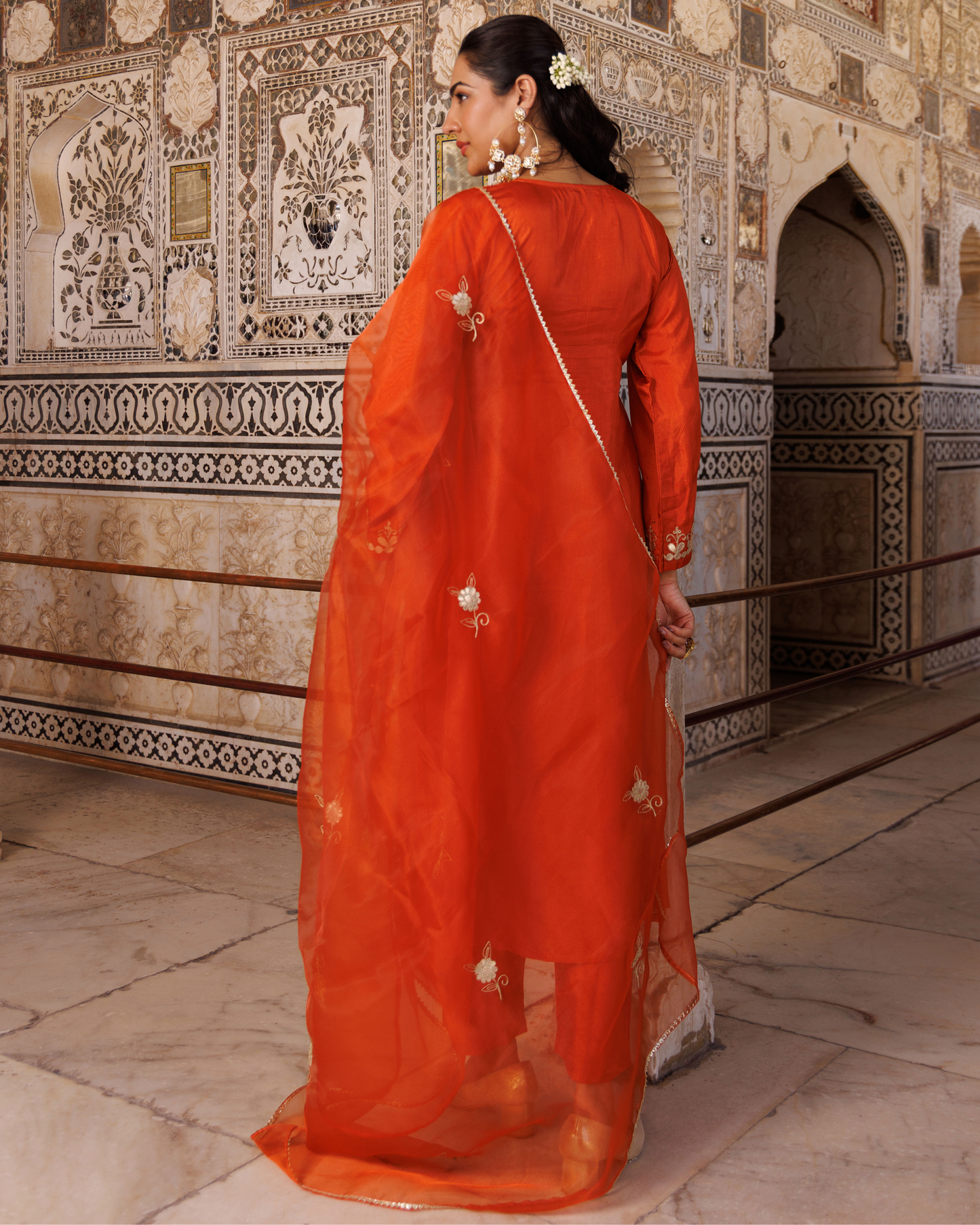 Rust-orange silk, gota patti work kurta set