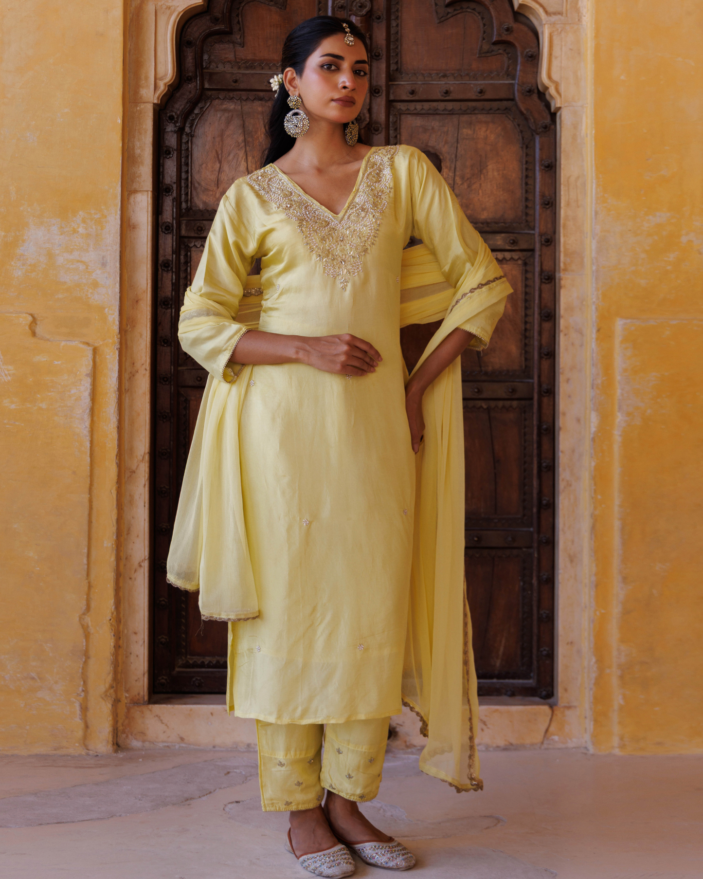 Pastel yellow silk, hand-embroidered Kurta Set