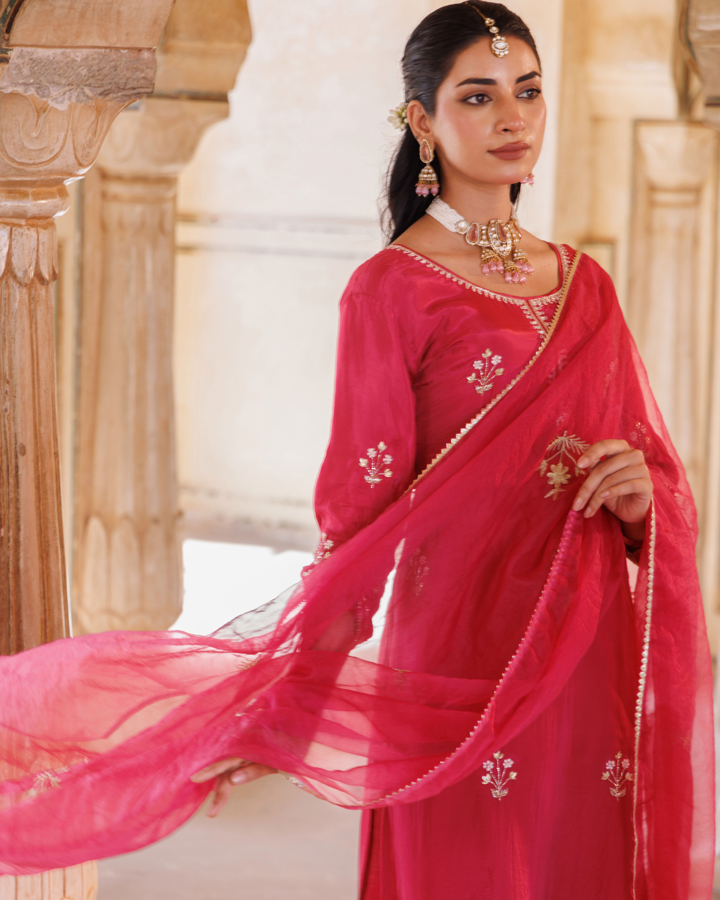 Deep pink silk, hand embroidered Kurta Set