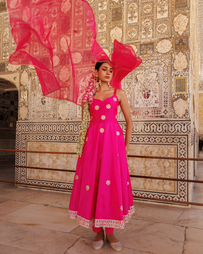 Hot pink taffeta silk, gota patti work anarkali set