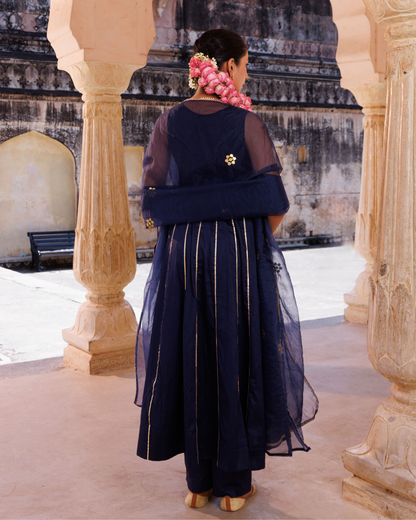 Navy blue cotton silk, gota patti work anrkali set