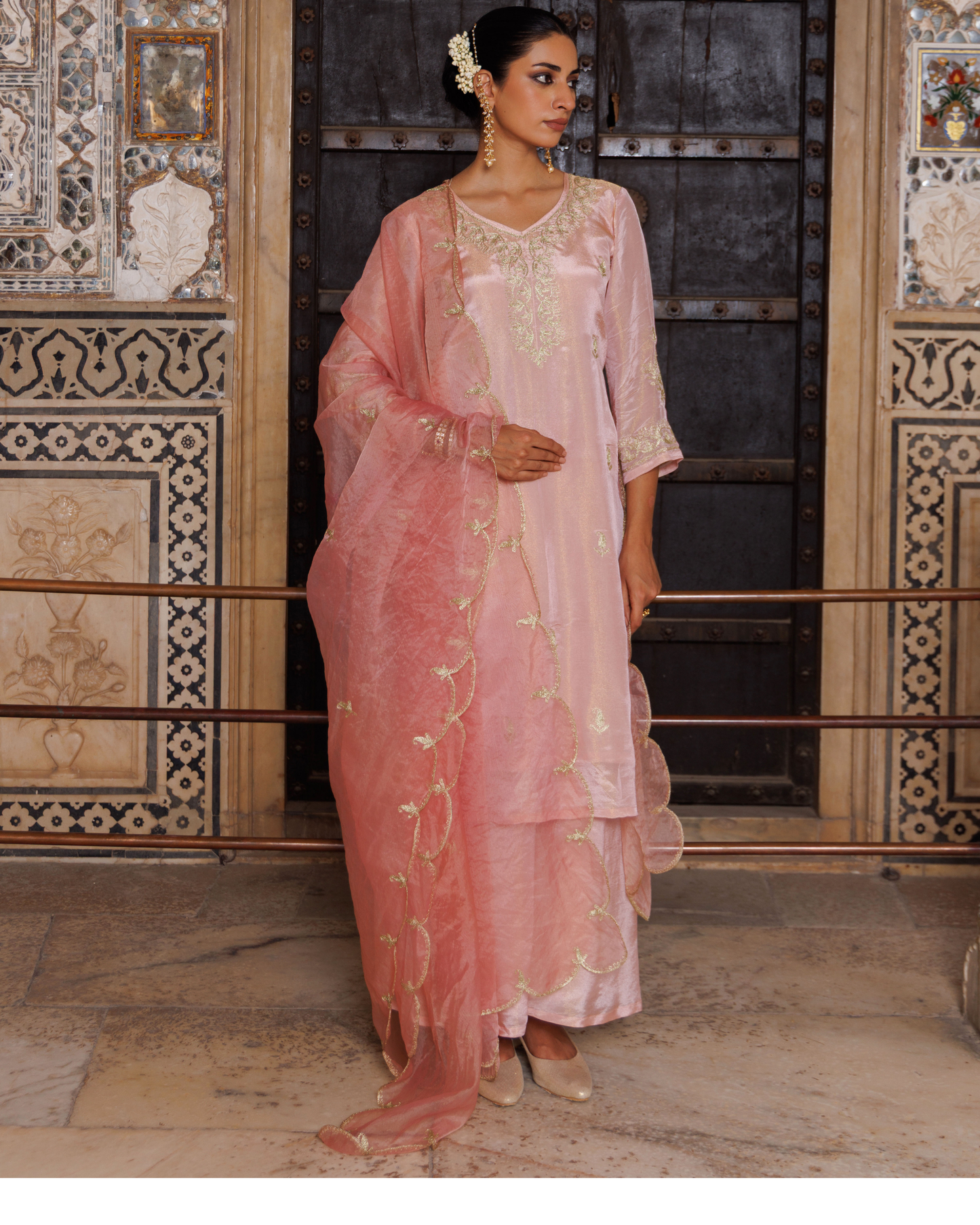 Pink tissue georgette, aari embroidered kurta set