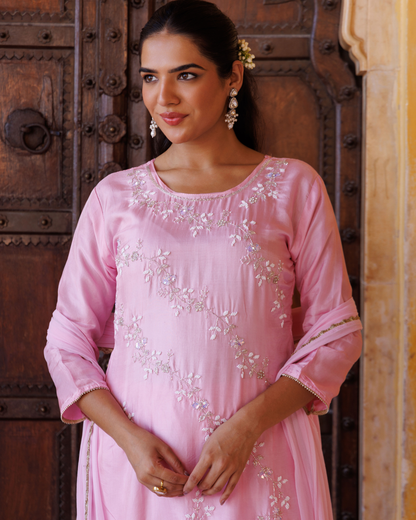 Pink silk, hand-embroidered Kurta Set