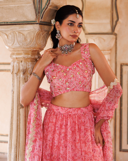 Pink Printed Chiffon Lehenga Set