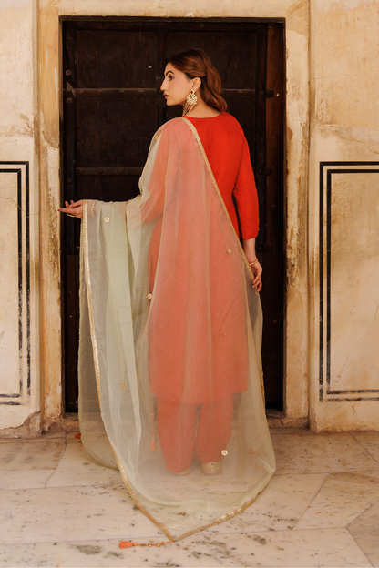 Rust-orange Hand Embroidered Kurta Set